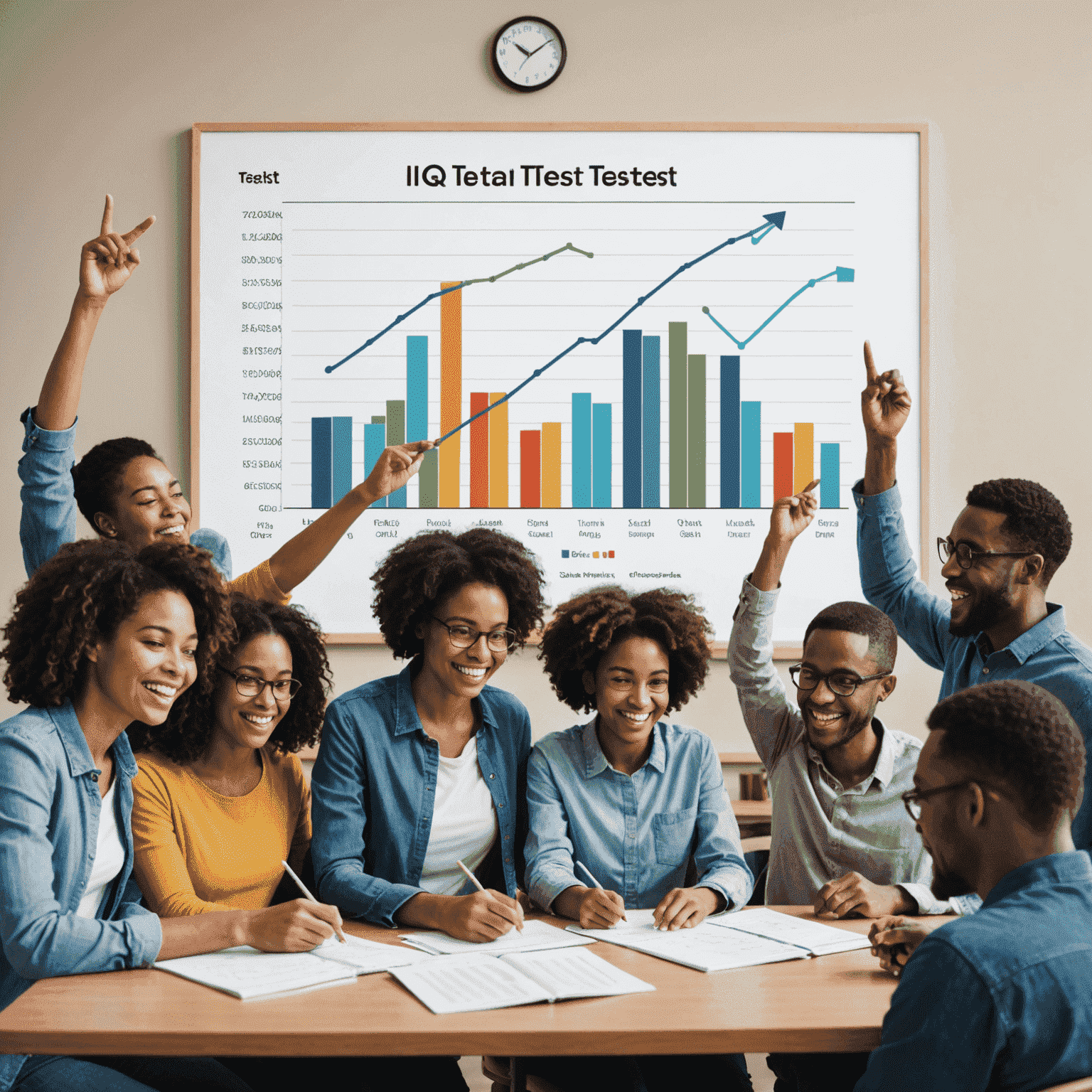 Graph showing increasing IQ test scores over time, with a diverse group of people celebrating in the background