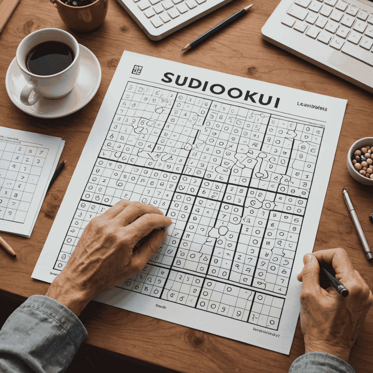 A person solving a complex Sudoku puzzle, with thought bubbles showing logical patterns and deductions