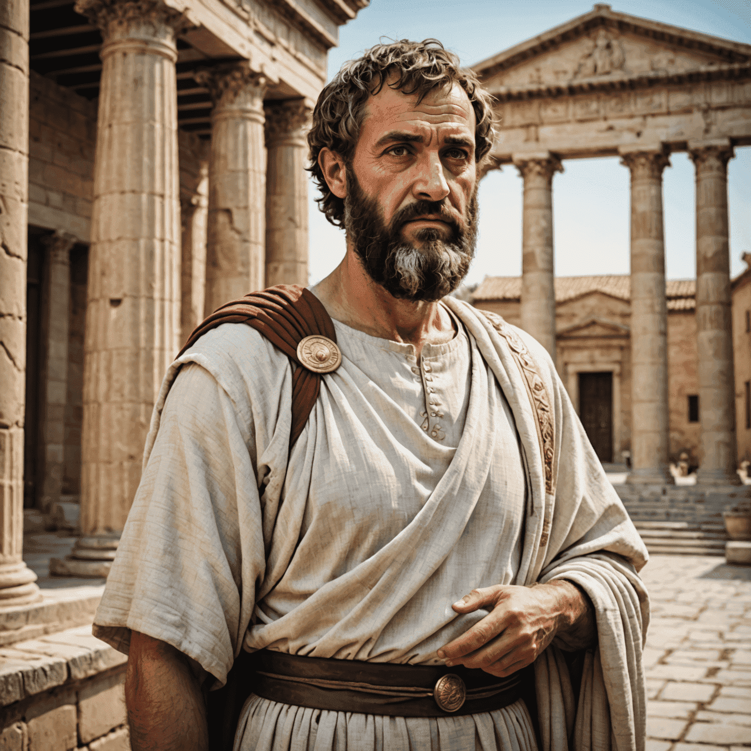 Portrait of Aristotle, ancient Greek philosopher with a beard, wearing a toga, standing in front of a classical Greek building