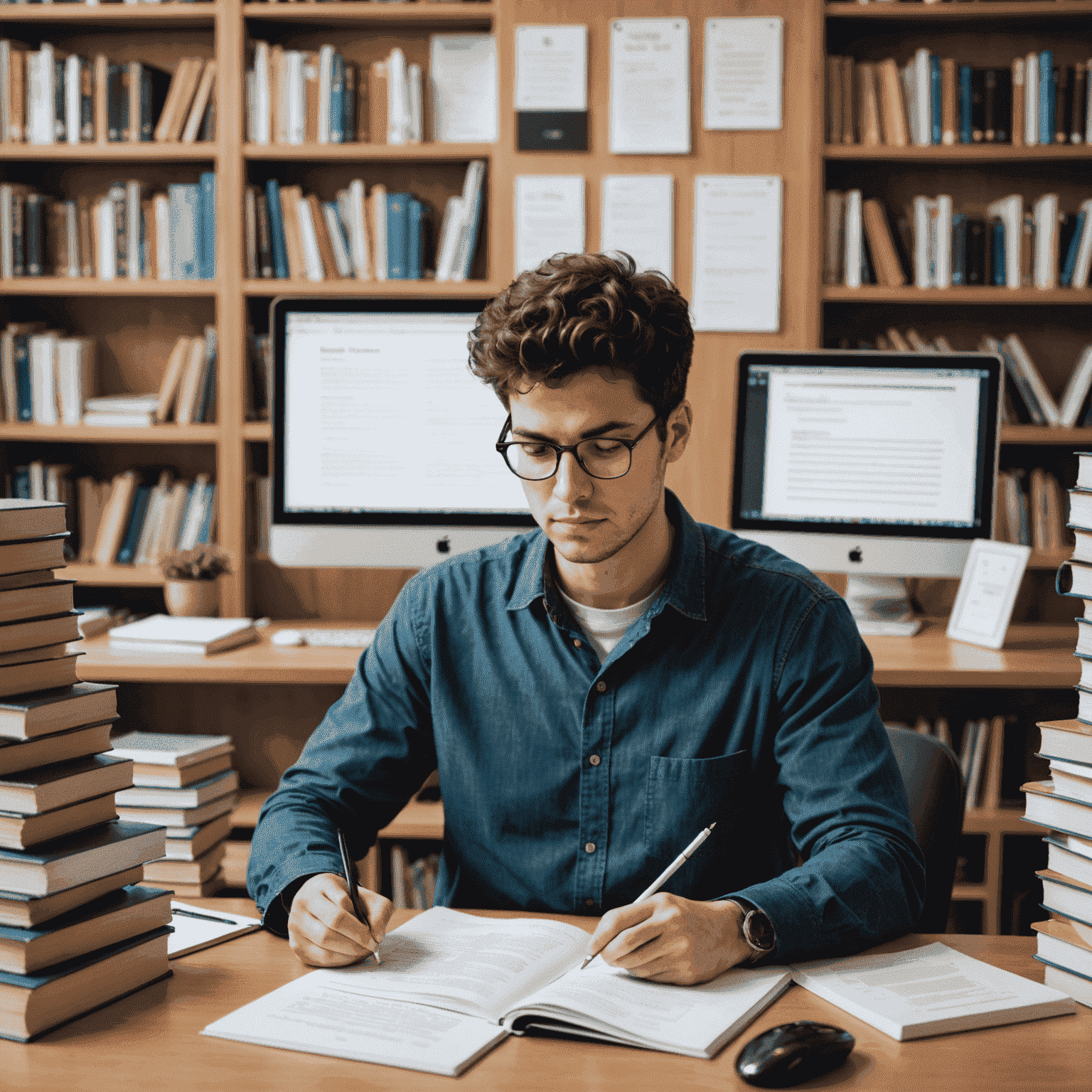 A person studying IQ test materials, surrounded by books, practice tests, and a computer showing sample questions