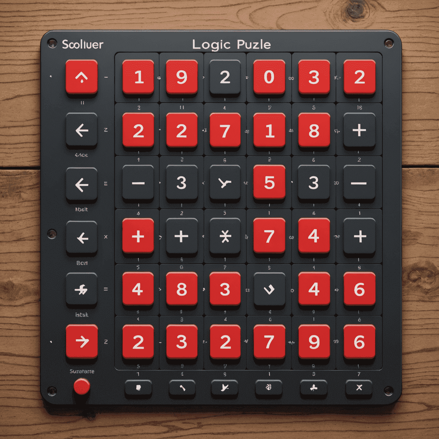 Interactive interface of the Logic Puzzle Solver showing a grid-based logic puzzle with clues and partial solutions. The design is sleek with a red and black color scheme, featuring intuitive controls and step-by-step guidance prompts.