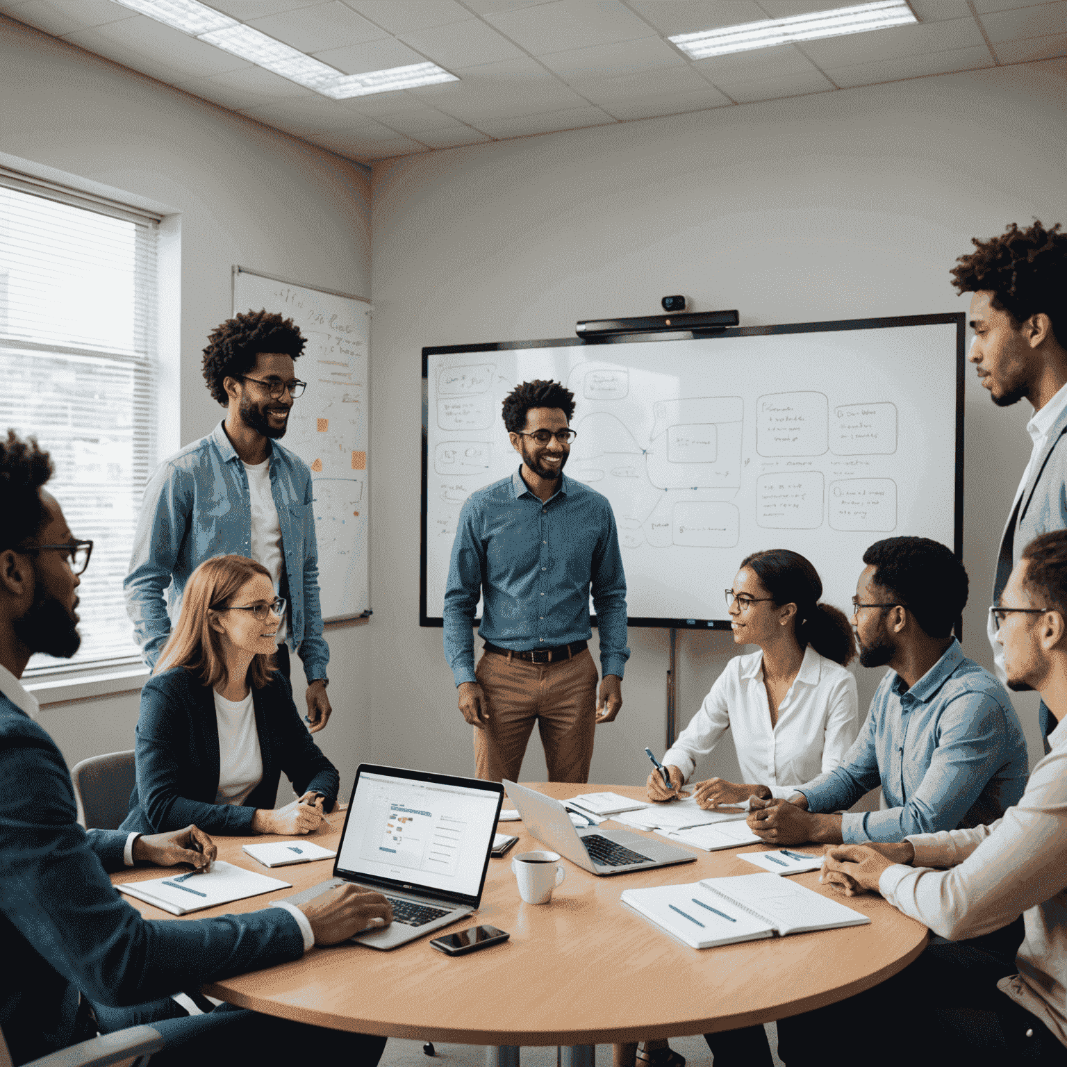 A group of diverse individuals engaged in a virtual critical thinking workshop, solving complex problems and discussing ideas on a digital whiteboard