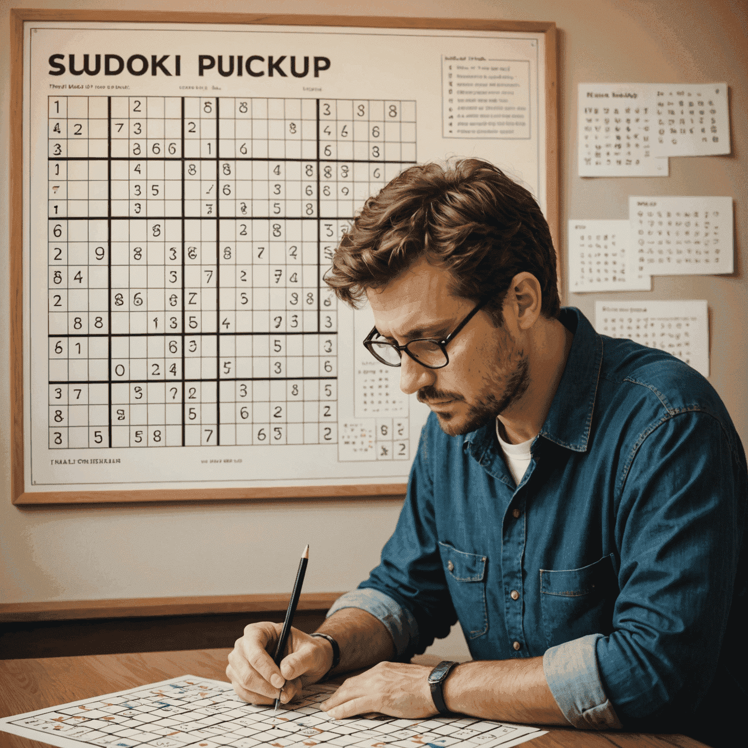 A person solving a complex Sudoku puzzle with thought bubbles showing logical patterns and connections