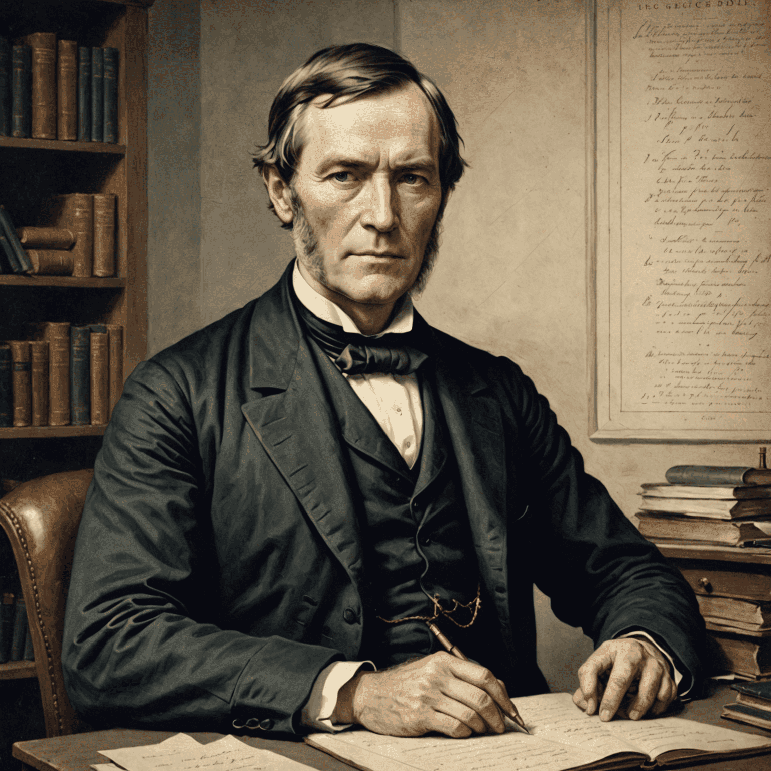 Portrait of George Boole, 19th-century mathematician with short hair and a beard, sitting at a desk with mathematical papers