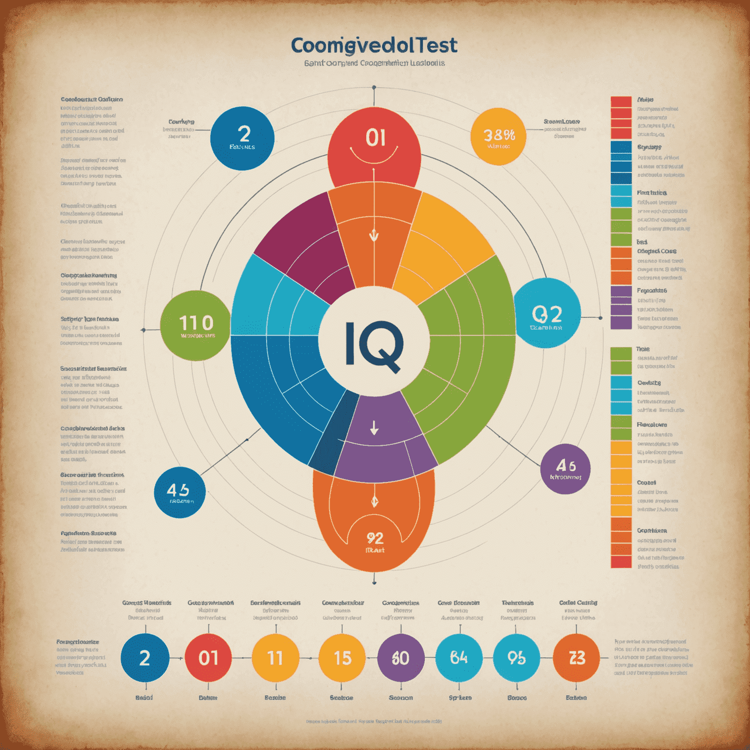 A colorful graph showing IQ test results with different cognitive areas highlighted. The image includes visual representations of logical, verbal, and spatial intelligence scores.