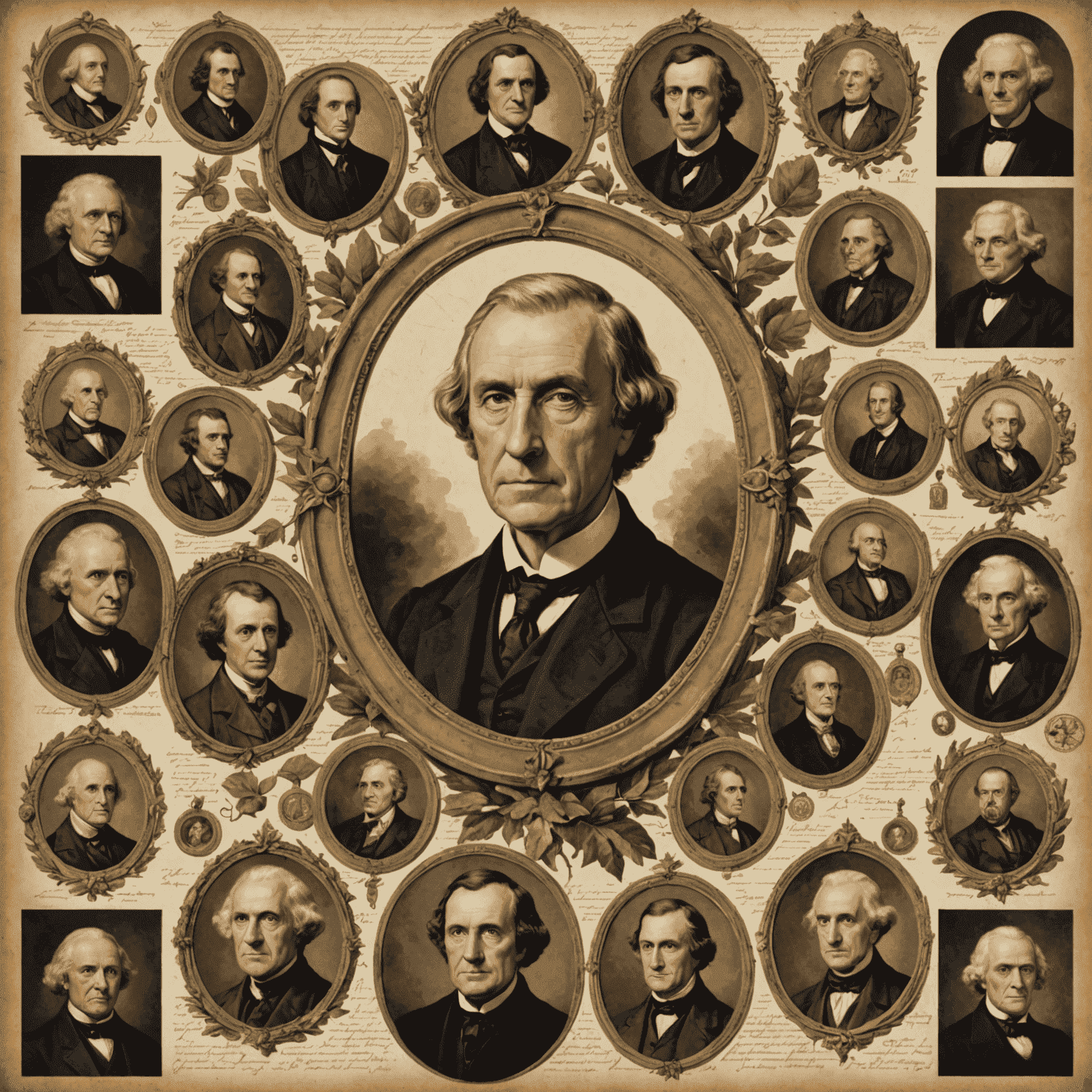 A collage of portraits featuring renowned logicians throughout history, with symbols of logic and reasoning in the background