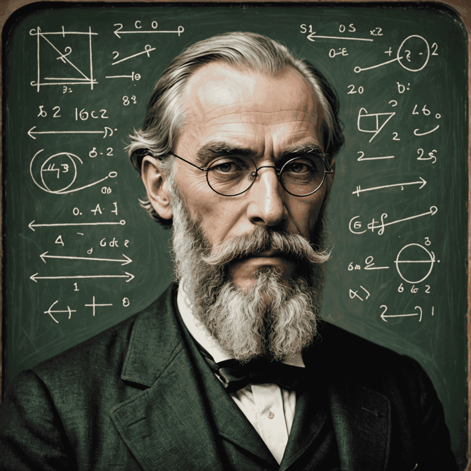 Portrait of Gottlob Frege, late 19th-century German logician with a mustache, wearing glasses and a suit, in front of a blackboard with logical symbols