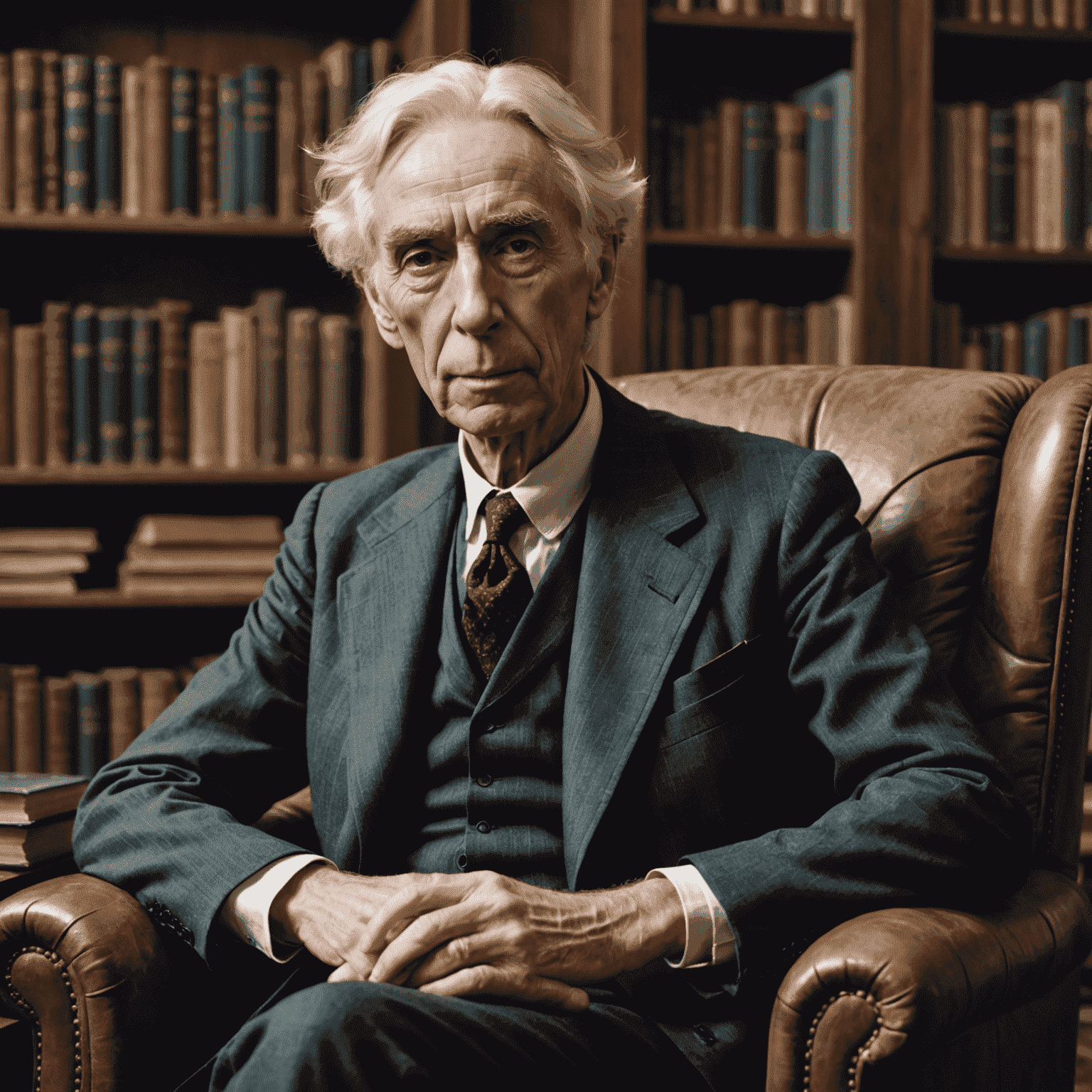 Portrait of Bertrand Russell, 20th-century British philosopher with white hair and a stern expression, sitting in an armchair with books in the background