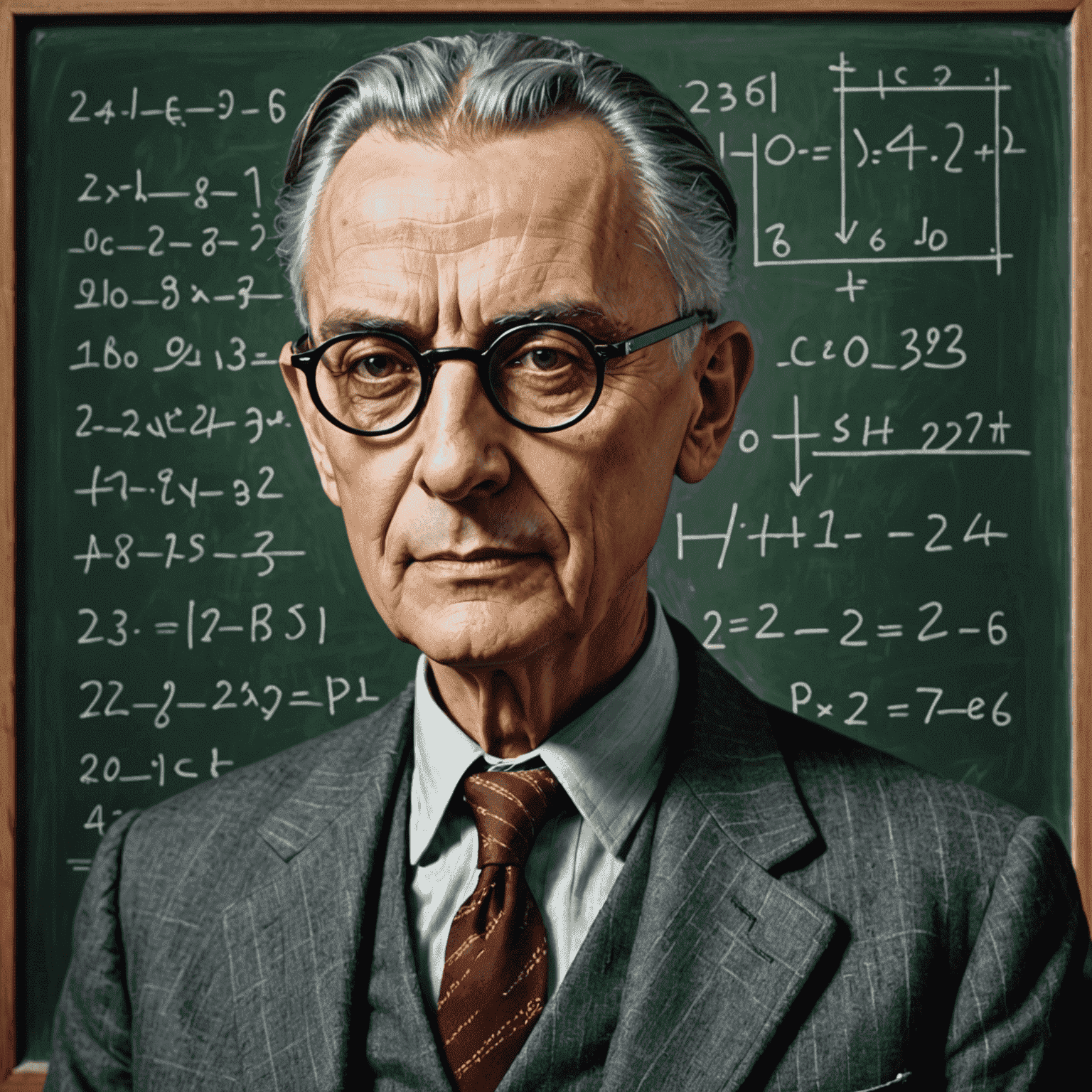 Portrait of Kurt Gödel, 20th-century logician with a serious expression, wearing round glasses and a suit, standing in front of a chalkboard with mathematical formulas